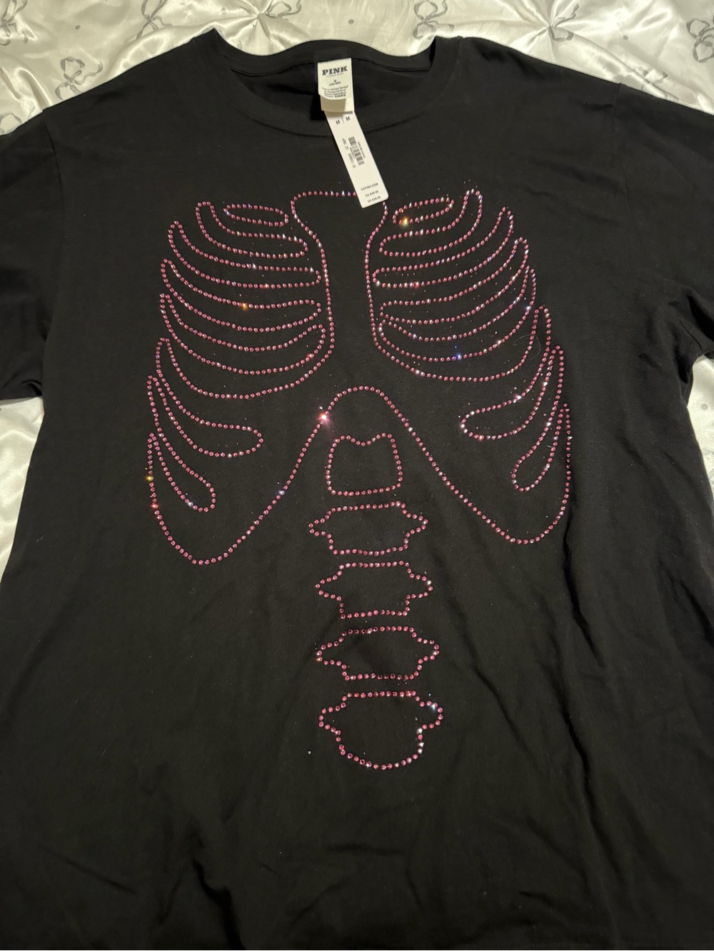 PINK Victoria's Secret Black Tee with Pink Rhinestone Ribcage